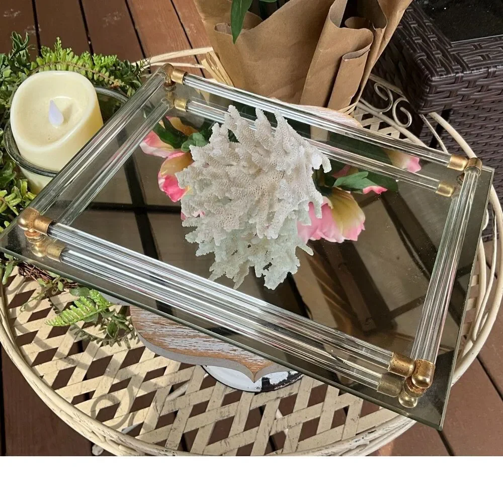 Vintage vanity mirror tray with clear glass tubes Hollywood Regency MCM